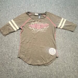 Harley Davidson TShirt Sz S Womens Brown Biker Grunge Raglan Graphic 3/4 Sleeve